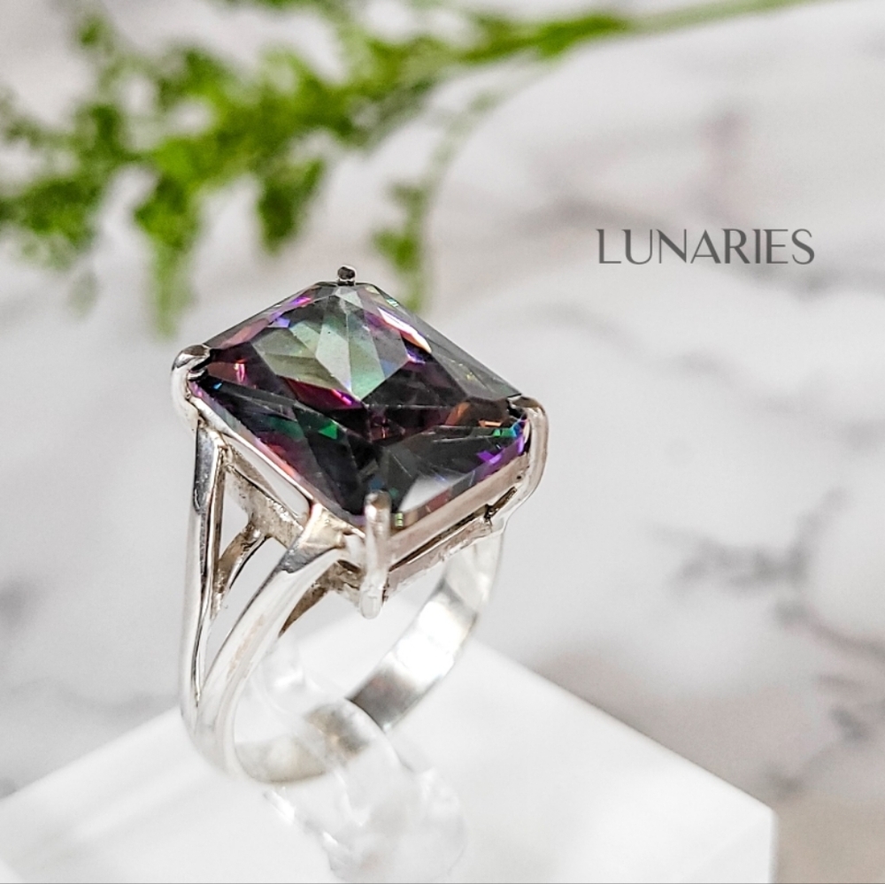 Rainbow Mystic Topaz Ring, 925 Sterling Silver, Emerald-Cut Size 9 - Picture 3 of 10